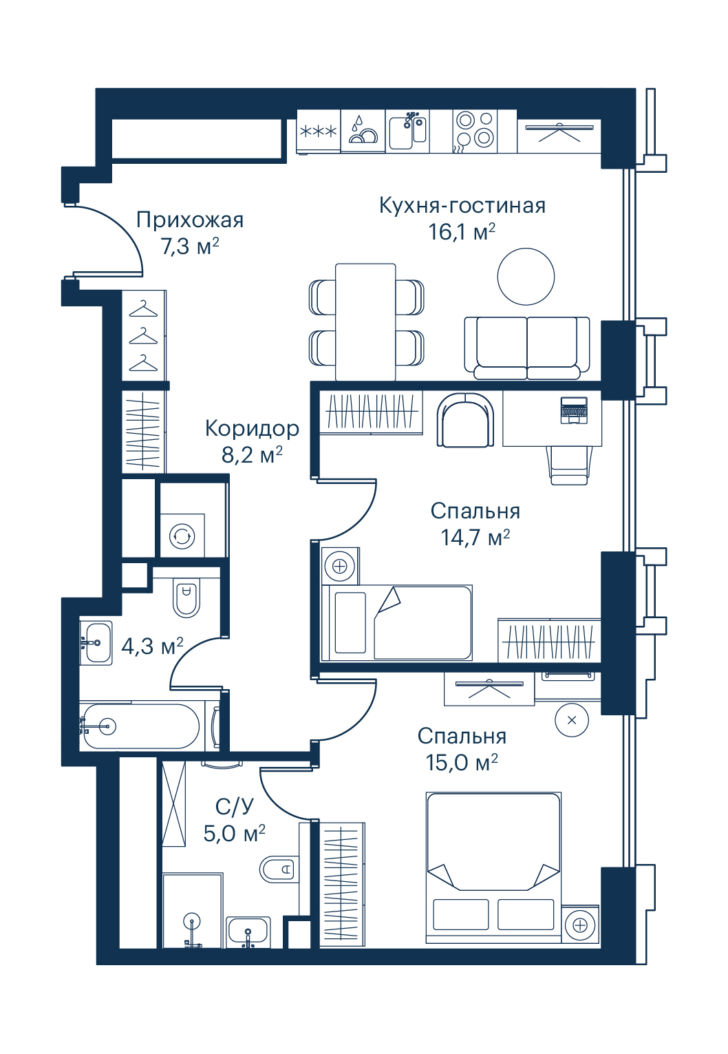 2х-комнатная квартира в ЖК City Bay