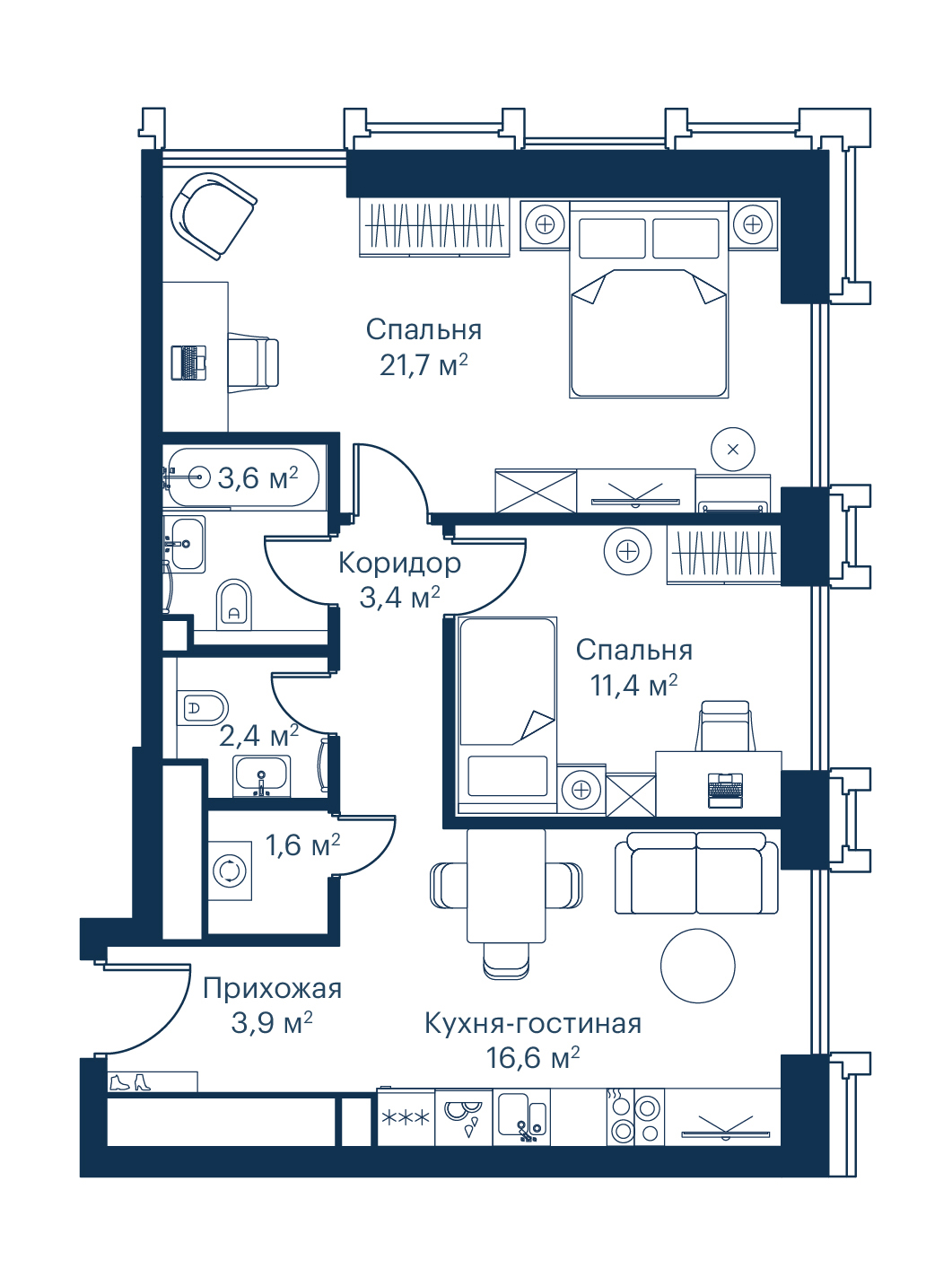 2х-комнатная квартира в ЖК City Bay