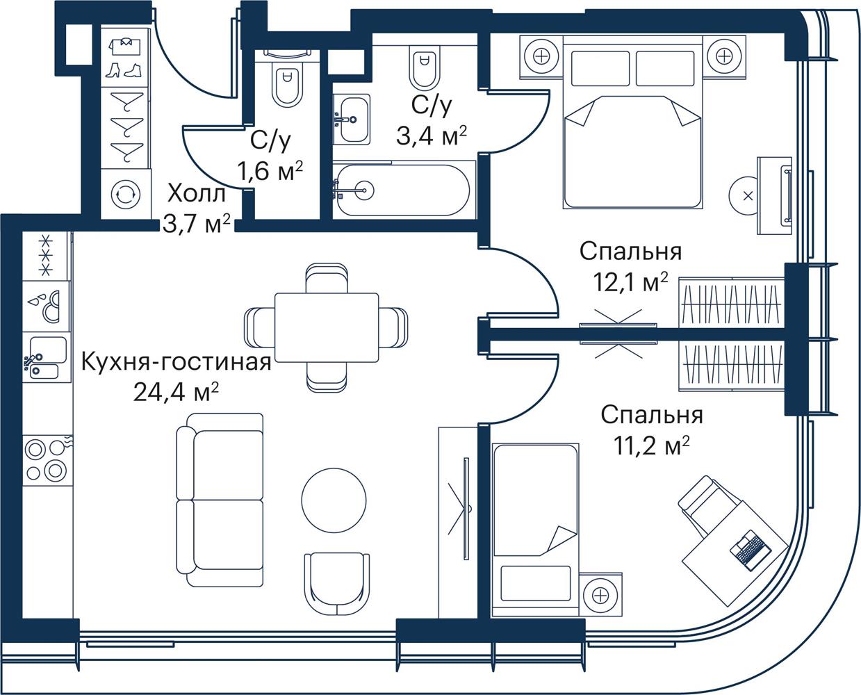 2х-комнатная квартира в ЖК City Bay